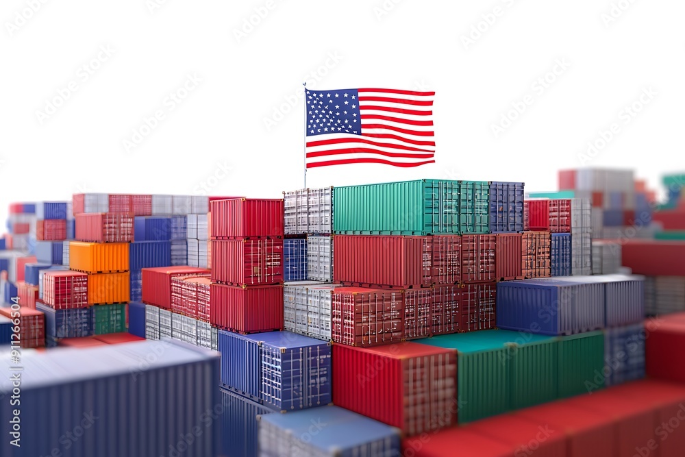 Fototapeta premium 3D Illustration of Cargo Container with USA Flag isolated on white background. Delivery, transportation,