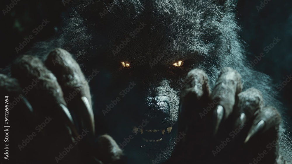 A werewolf emerging from the darkness, with menacing eyes and sharp claws.
