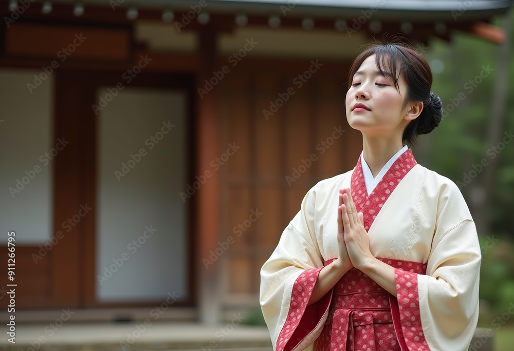 Stress relief and cultural immersion: A Japanese woman in kimono practicing traditional prayer and meditation. Suitable for wellness, spirituality, and travel themes. Stress relief and cultural immersion: A Japanese woman in kimono practicing traditional prayer and meditation. Suitable for wellness, spirituality, and travel themes.