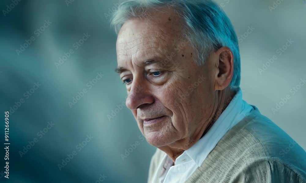 Medium shot portrait video of a Swedish man in his 70s wearing a simple tunic against an abstract background Medium shot portrait video of a Swedish man in his 70s wearing a simple tunic against an abstract background