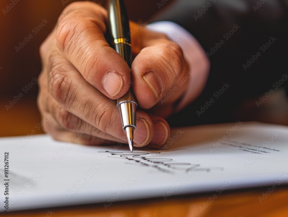 Close-up of hand signing document with pen. Close-up of hand signing document with pen.