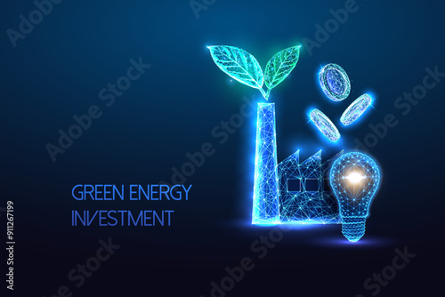 Solar investment and green finance concept with solar panel, lightbulb and coins on blue background