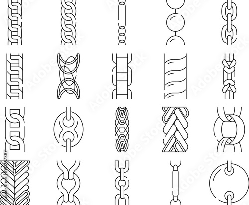 chain metal link icons set vector. link design, golden white, gold abstract, necklace steel, border jewelry chain metal link black contour illustrations