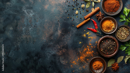 indian spices and ingredients on dark background, top view with copy space concept