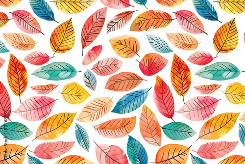 Watercolor painted autumn leaves seamless pattern.
