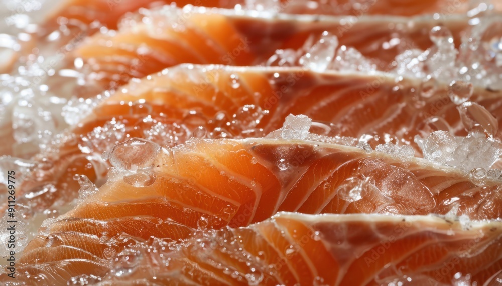 Freshly Sliced Salmon Fillets Arranged Neatly on Ice for Culinary Presentation Freshly Sliced Salmon Fillets Arranged Neatly on Ice for Culinary Presentation