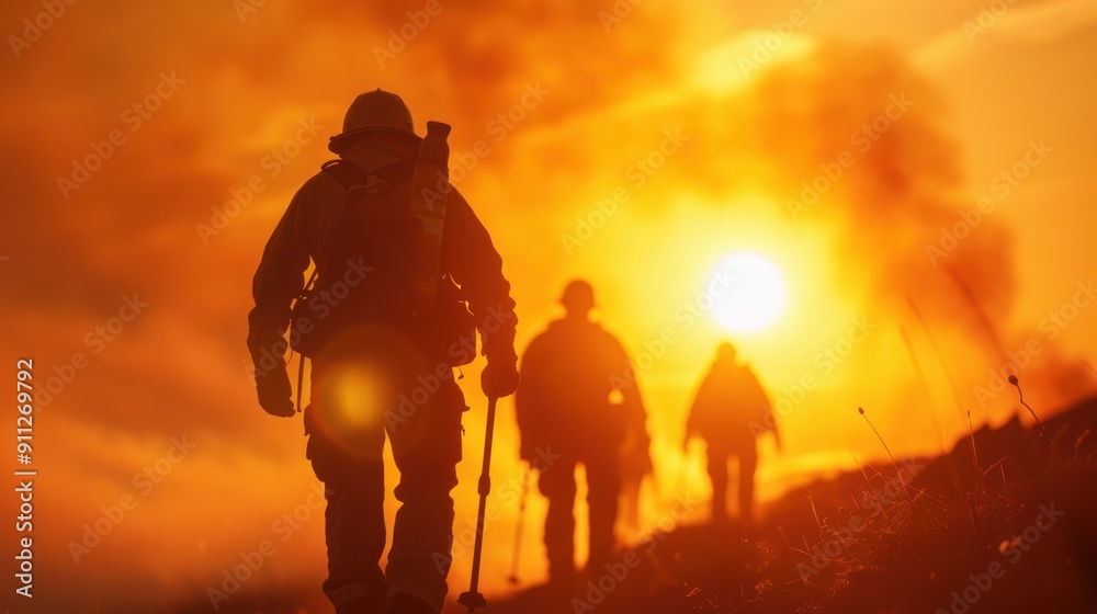 A team of firefighters, coordinating efforts to control a wildfire A team of firefighters, coordinating efforts to control a wildfire