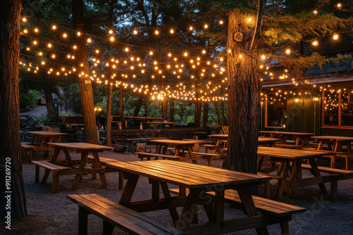 An enchanting outdoor picnic area with numerous wooden tables illuminated by string lights at night, ideal for gatherings and social events in a tranquil setting.