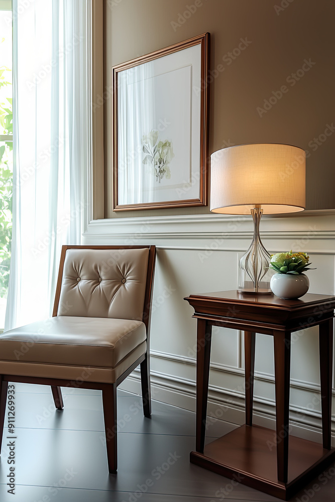 Fototapeta premium A large picture frame was hanging on the wall in an elegant living room, featuring white wainscoting and dark wood accents. A sleek wooden side table with a glass lamp stood beside it.
