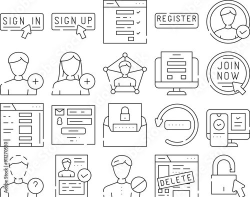 registration form web icons set vector. register user, website online, login laptop, computer, internet new application registration form web black contour illustrations