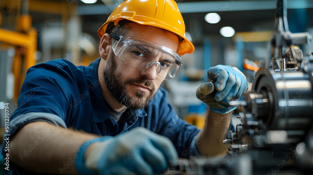 Technician adjusting machinery with safety gloves focus on working Technician adjusting machinery with safety gloves focus on working