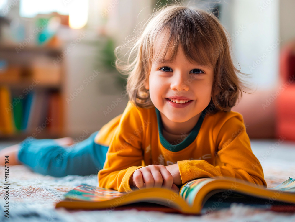 Smiling Young Boy Reading Book in Cozy Library Environment Smiling Young Boy Reading Book in Cozy Library Environment