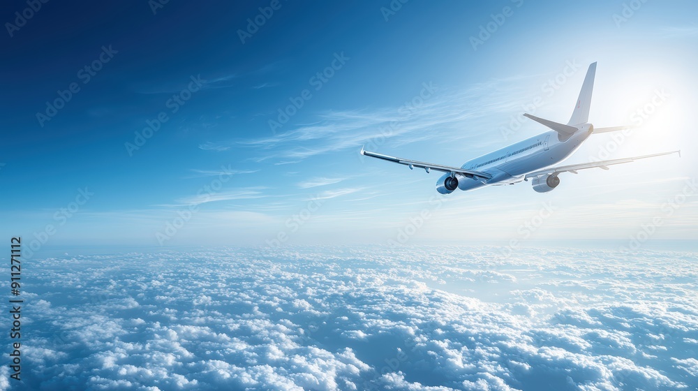 Obraz premium Commercial Airplane Flying Above the Clouds with a Clear Blue Sky in the Background, Capturing the Essence of Modern Air Travel and the Beauty of High-Altitude Flight