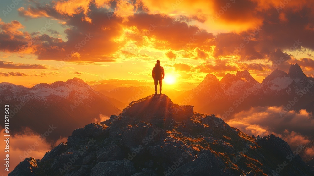 Man on Mountaintop at Sunrise, Looking at Horizon Man on Mountaintop at Sunrise, Looking at Horizon