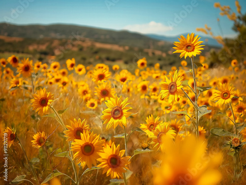 A field of yellow sunflowers with a blue sky in the background. The sunflowers are in full bloom and the field is lush and green. Concept of warmth, happiness, and abundance photo