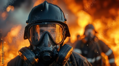 Obraz na płótnie A team of firefighters, wearing breathing apparatus, entering a burning building w salonie