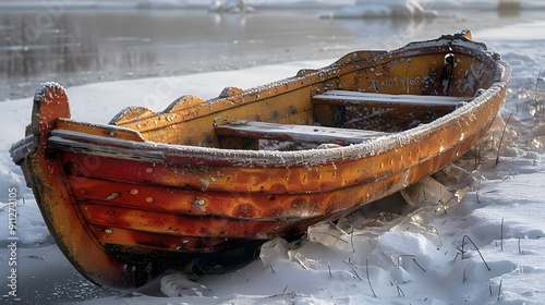 A small boat with a red top sits in the snow photo