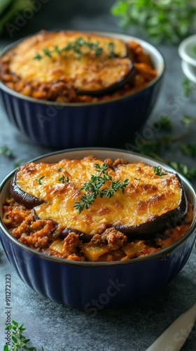 Cheesy Eggplant Casserole in Dark Bowls