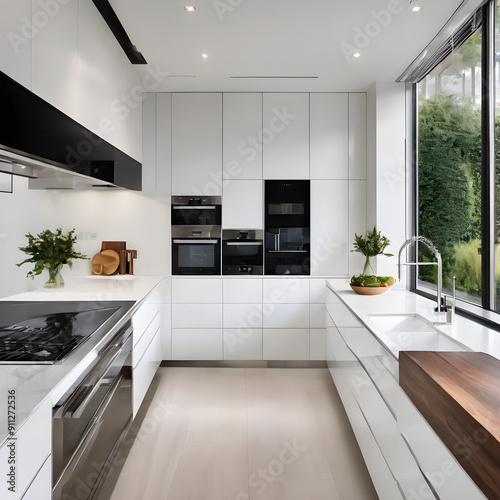 white home modern kitchen design sleek cabinets flanking path to sparkling countertop wooden accents serve
