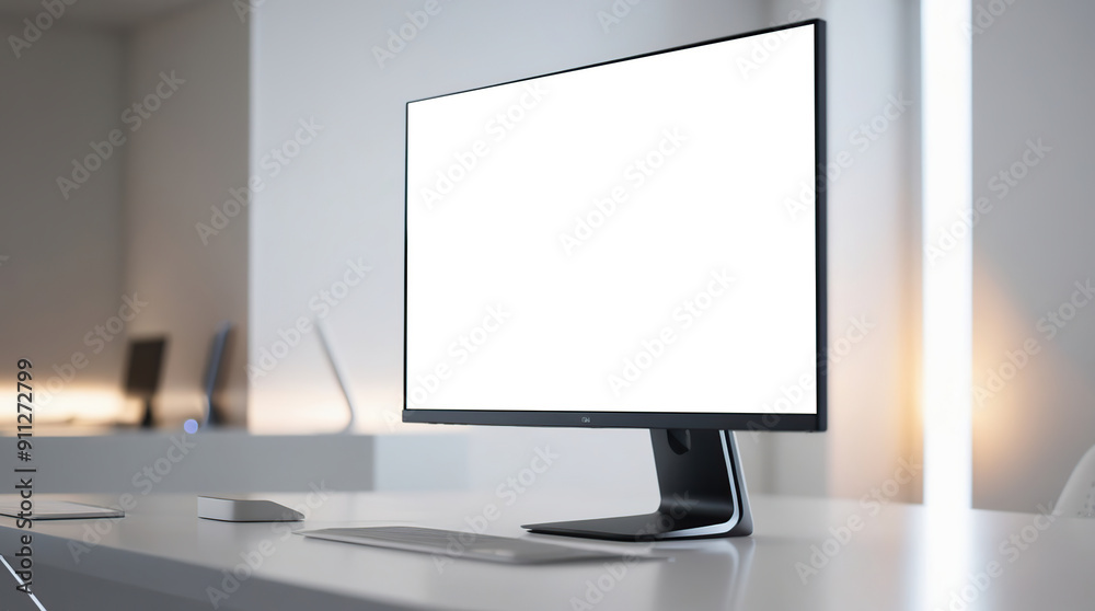 Computer with blank screen on work desk with side view Computer with blank screen on work desk with side view