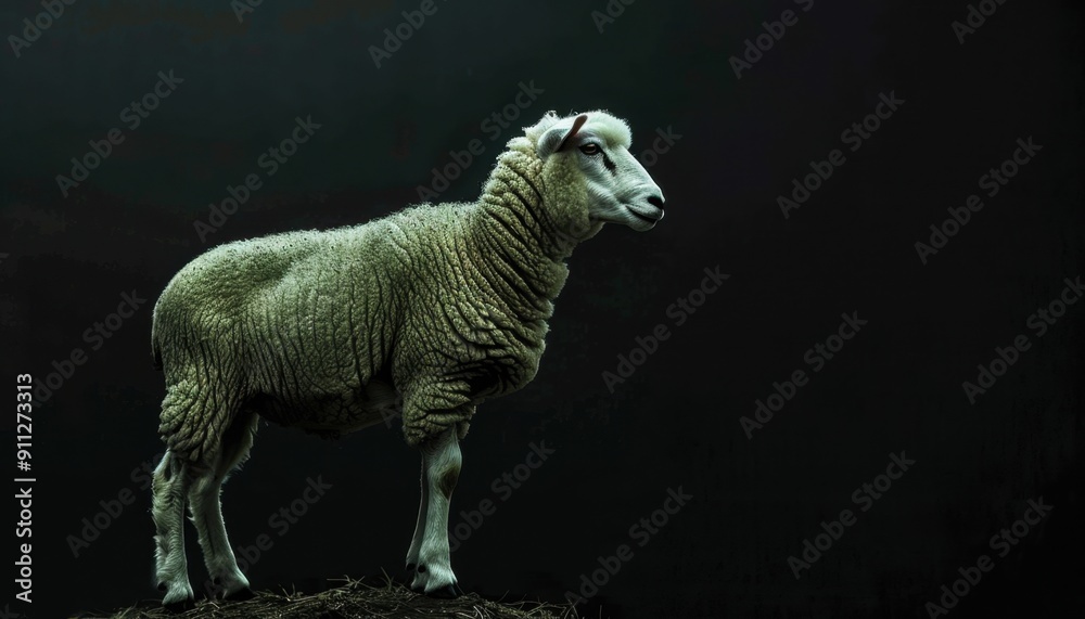 Sheep Standing Majestically Against Dark Background in an Artistic Setting Sheep Standing Majestically Against Dark Background in an Artistic Setting