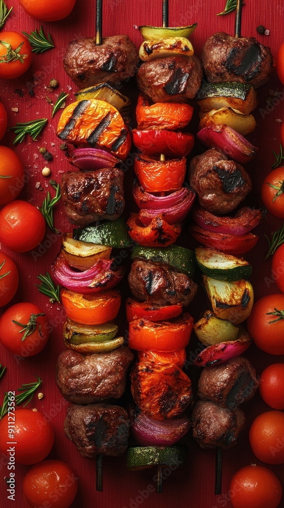 Fototapeta premium Grilled Skewers with Colorful Vegetables and Meat