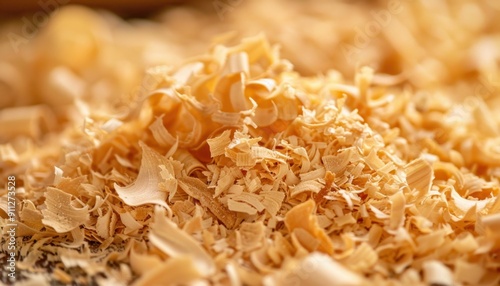 Fine Wood Shavings Piled Neatly on a Workbench After Carpentry Work Completed