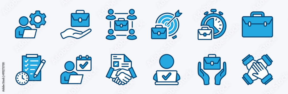 Set of occupation, employment, job, and work thin line icon vector. Containing team, teamwork, agreement contract, management, time, target, goal, organisation, schedule, checklist, bag, and success Set of occupation, employment, job, and work thin line icon vector. Containing team, teamwork, agreement contract, management, time, target, goal, organisation, schedule, checklist, bag, and success
