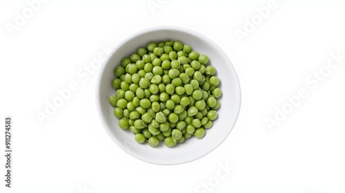 Fresh green garden peas in a white ceramic bowl isolated on white. Top view.