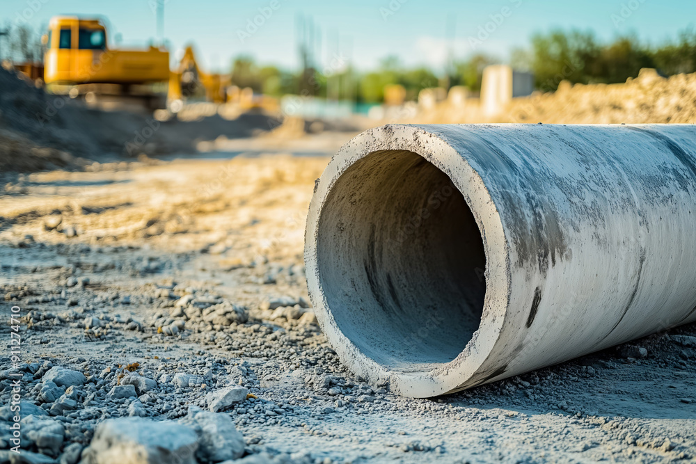 A construction site featuring a large concrete pipe positioned on uneven rocky terrain, with heavy machinery like excavators visible in the background A construction site featuring a large concrete pipe positioned on uneven rocky terrain, with heavy machinery like excavators visible in the background