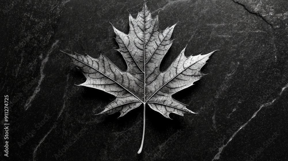 A simple black and white composition shows only one leaf A simple black and white composition shows only one leaf