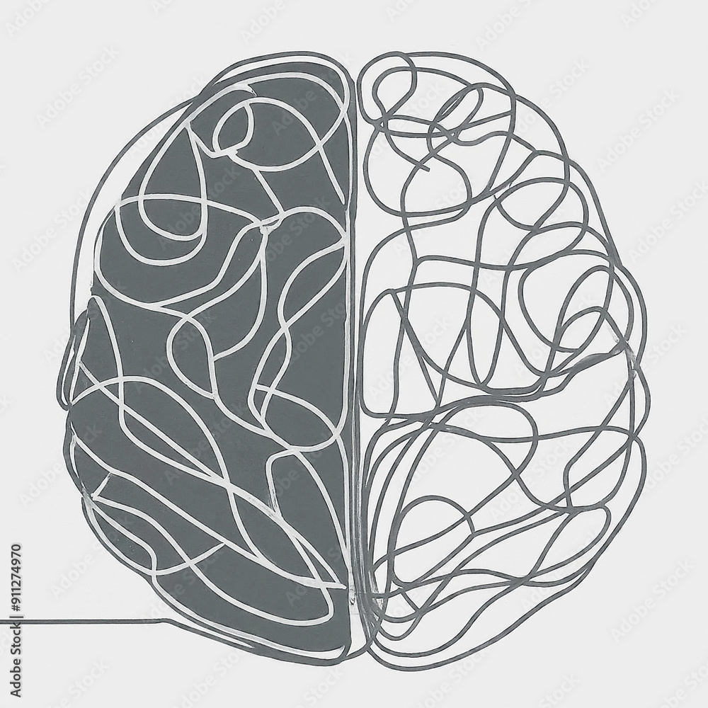 Fototapeta premium Hand drawn line art depicting half Brain Injury. Traumatic Brain Injury or mental health concept Awareness .