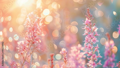 Sunlit Pink Flowers Blooming in a Meadow During Golden Hour