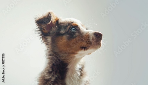 Adorable Puppy With Stunning Blue Eyes Poses Elegantly in Soft Light Indoors