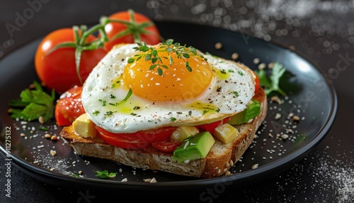 Delicious Open-Faced Breakfast Sandwich With Fresh Vegetables and Fried Egg in a Cozy Kitchen Setting