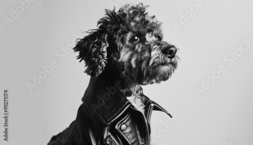 Stylish Dog Posing in Leather Jacket Against Plain Background in Studio Setting