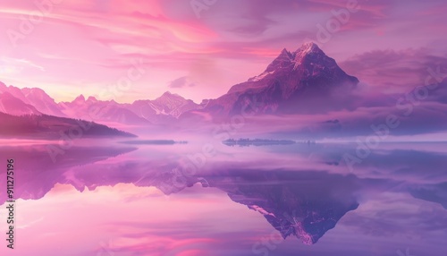 Majestic Mountain Reflected in Serene Lake at Dawn Under Vibrant Pink Sky