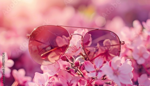 Stylish Sunglasses Resting Among Vibrant Pink Blossoms in A Sunlit Garden During Spring