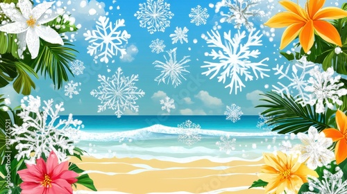 Tropical Beach Winter Wonderland with Snowflakes and Flowers