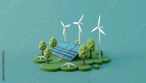 Renewable Energy Concept Featuring Solar Panels and Wind Turbines on a Green Landscape