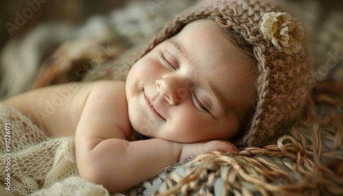 Sweet Smiling Baby Sleeping Comfortably While Bundled in Cozy Knitted Hat at Home