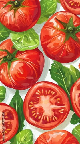 Vibrant Tomatoes and Fresh Basil Illustration