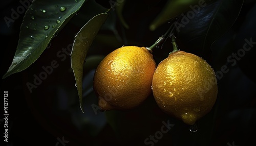 Freshly Harvested Lemons Glistening With Raindrops in a Garden at Dusk