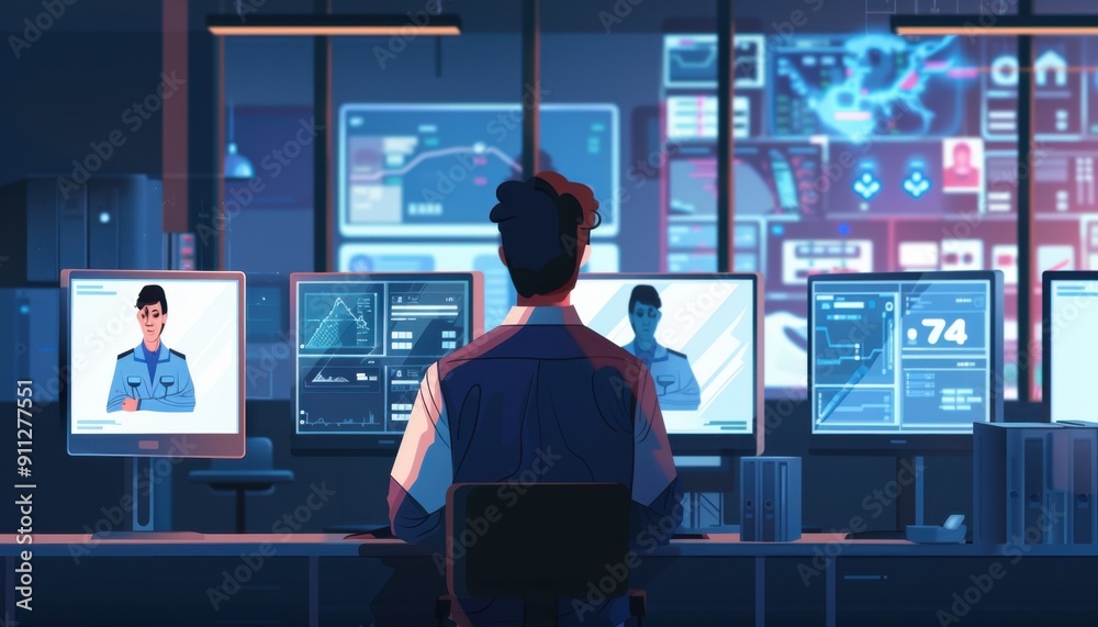 A Security Analyst Monitoring Multiple Digital Screens in a High-Tech Command Center During Nighttime Operations A Security Analyst Monitoring Multiple Digital Screens in a High-Tech Command Center During Nighttime Operations