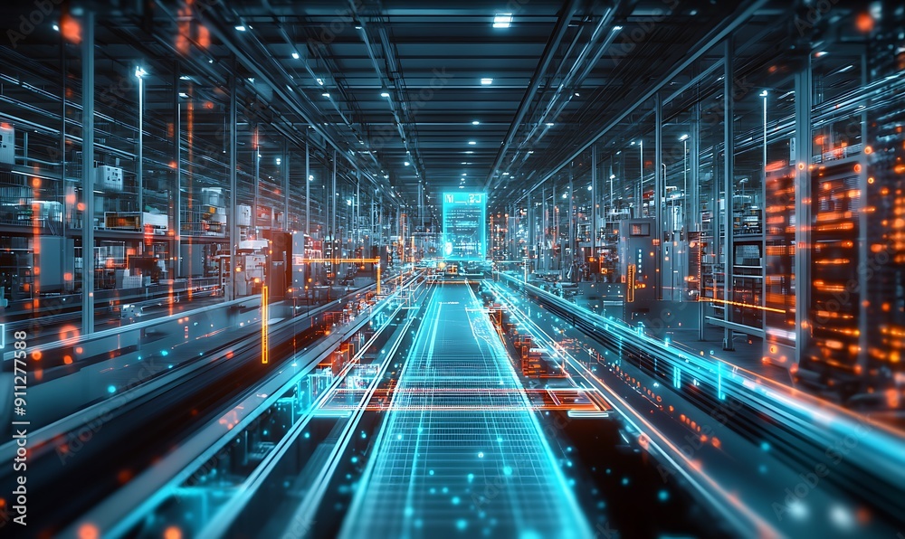 Advanced Conveyor Systems in Futuristic Retail Warehouse: Digital Readouts and Holographic Interfaces Advanced Conveyor Systems in Futuristic Retail Warehouse: Digital Readouts and Holographic Interfaces