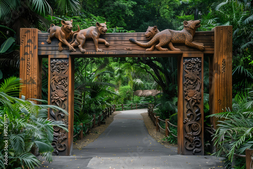 Zoo entrance with detailed animals carving photo