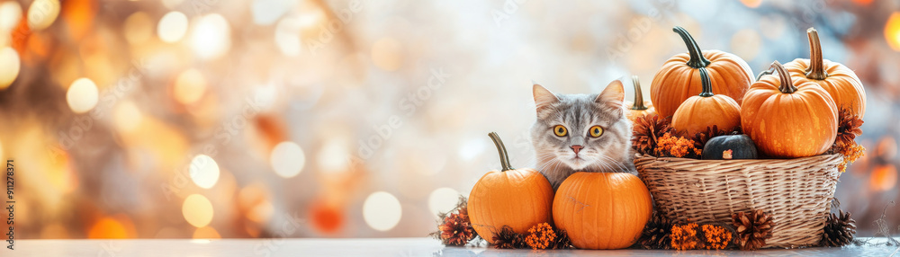 A charming scene featuring four pumpkins nestled in a wicker basket alongside a playful cat, perfect for autumn-themed decor and seasonal imagery.