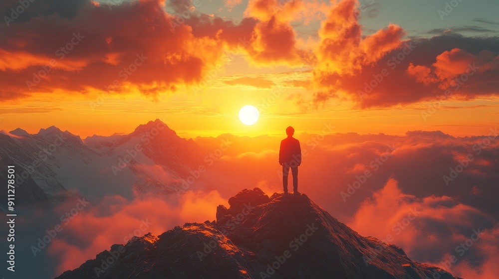 Man on Mountaintop at Sunrise, Looking at Horizon Man on Mountaintop at Sunrise, Looking at Horizon