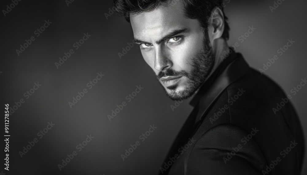 Charismatic Man in a Black Suit Posing Intently Against a Dark Background in Evening Light Charismatic Man in a Black Suit Posing Intently Against a Dark Background in Evening Light