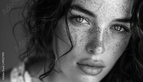 Captivating Close-Up Portrait of a Freckled Young Woman With Curly Hair